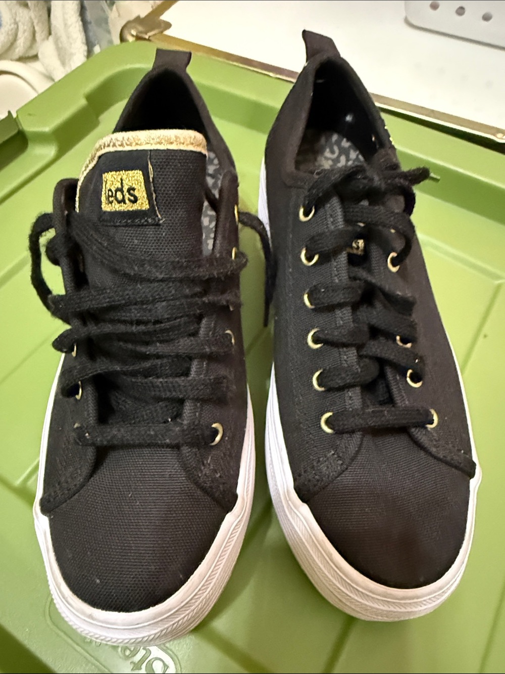 Keds Black Canvas Sneakers with Gold Trim